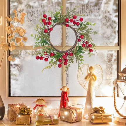 Winlyn 4 Pcs Artificial Eucalyptus Cedar Berry Candle Rings Christmas Candle Holder Wreath Rings Faux Cedar Twigs Wreath Mini Window Wreaths 12.2" Wide Winter Wedding Holiday Party Table Decoration