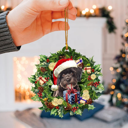 Talataca Schnoodle 2D Flat Christmas Ornament, Schnauzer Poodle Mix Wearing A Christmas Hat Wreath Pine Tree Decor, Hanging House Charm Eve Keepsake, Car Rear View Mirror Accessories, Xmas