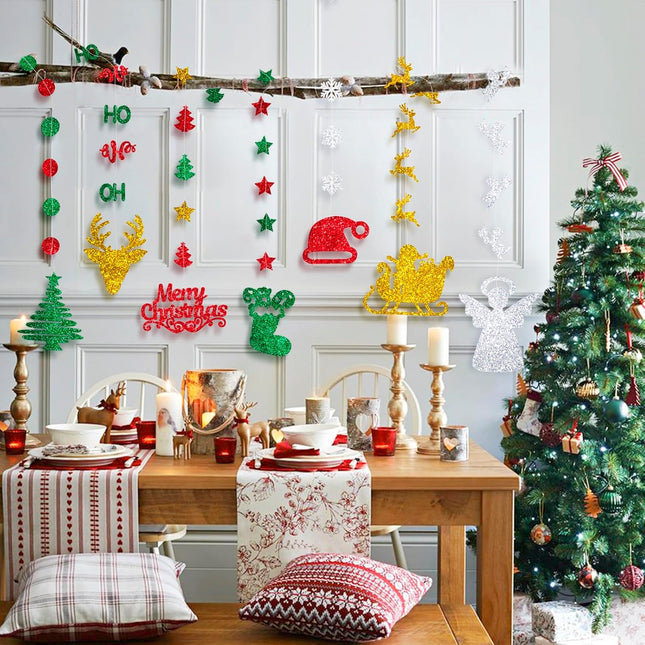 Glitter Christmas Hanging Banner Garland Decorations - Reindeer, Santa hat, Stocking, Tree, Santa Claus and More - Indoor/Outdoor Party Supplies for Birthday, Home, Office, Classroom