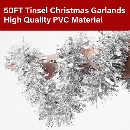 50 Ft Silver Tinsel Garlands Christmas Tree Decorations, Thick Thin Metallic Streamers Xmas Christmas Tinsel Garland Silver Garland,Garland for Indoor&Outdoor Decor (Silver)