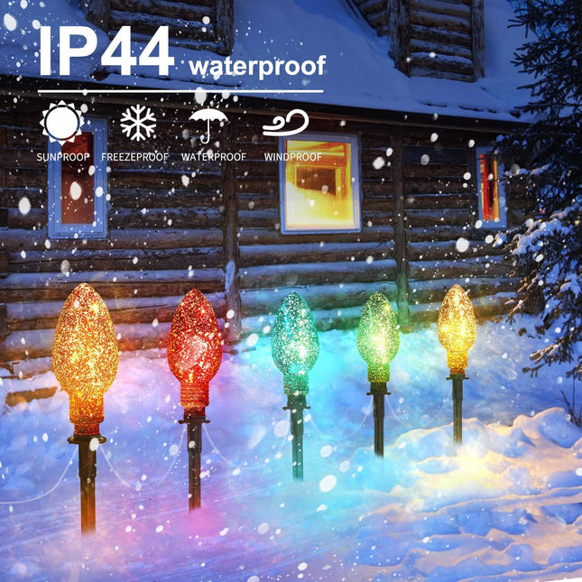 2 Pack Jumbo C9 Lights Christmas Pathway Lights with Marker Stakes, 6.5 Feet String Lights Covered Jumbo Glitter Multicolor Light Bulb Outdoor Lawn Decorations for Outside Garden Decor, 10 Lights