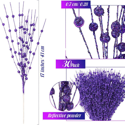 Geosar 30 Pcs Christmas Artificial Glitter Berry Stem Decorations Bead Sticks Pick 17 Inch Xmas Ornaments Glittery Twigs for Christmas Tree Halloween Wreath Vase Filler Home Decor(Purple)