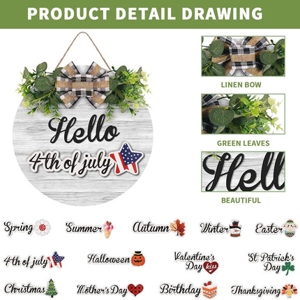 Interchangeable Wooden Seasonal Hello Sign, Rustic Round Welcome Front Door Wreaths for Home/Wall/Porch Decor, for Easter Spring Summer Fall Halloween Christmas All Season Decorations.