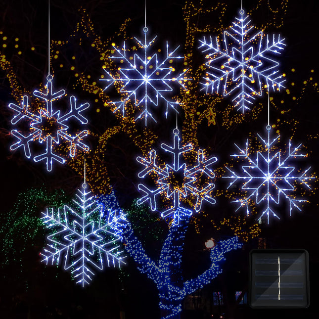 6 Pcs 12 Inch Solar Christmas Outdoor Light Snowflake Lights Christmas Decorations for Windows Outdoor Solar LED Hanging Lights with 8 Modes for Holiday Garden Home Xmas Tree Porch Roof Decor