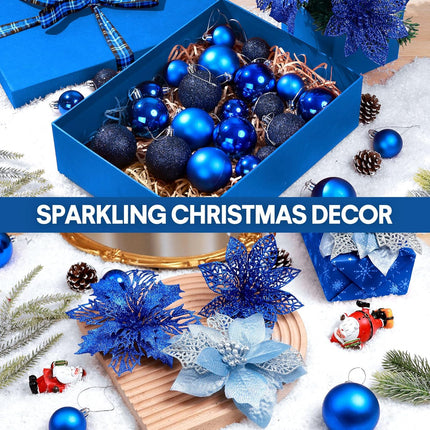 92pcs Christmas Tree Decoration Set, Christmas Ball Ornaments Bulk, Artificial Glitter Poinsettia Flowers, Hanging Crystal Snowflake Drop, Xmas Flowers for Holiday Wedding Year Party Decor (Blue)