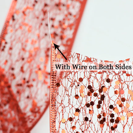 MEEDEE Red Glitter Ribbon Wire Mesh Ribbon with Sparkle Red Christmas Ribbon 2.5 Inch Metallic Ribbon Red Wired Ribbon for Christmas Tree Decoration, Ribbon Garland, Wreath Bow Making (25 Yards)