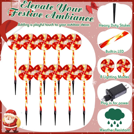 Ganeen 12 Pack Christmas Pathway Markers Lights Christmas Lollipop Lights Outdoor 27.6” Christmas Candy Pathway Decorations with 8 Lighting Modes String Lights Plugin for Holiday(Red)