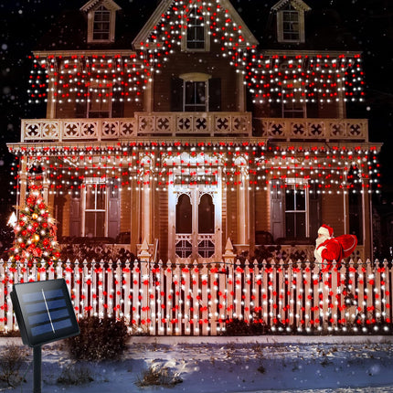 DBFAIRY Red White Christmas Curtain Lights Solar Powered, 19.6Ft x 3.2Ft 300 LED Outdoor Curtain Lights Christmas Candy Cane Fairy Lights 8 Modes Auto On/Off Holiday Decor for Backyard Fence Roof