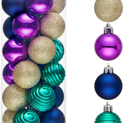 Valery Madelyn 1.57 Inches Small Christmas Tree Decorations Ornament Set for Fall Halloween, 24ct Peacock Purple Blue Shatterproof Christmas Ball Ornaments Bulk, Hanging Decor for Xmas Holiday Party