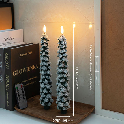 Christmas Tree Candles with 3D Wick, 11.4" Green Real Wax Flameless Taper Candles with Remote, Flickering LED Candles Xmas Candlesticks Battery Operated Candles for Home, Party Decor, 2 Pack