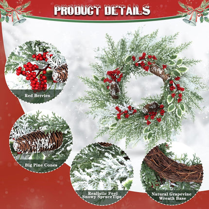 18 Inch Christmas Wreath with Pine Cones and Berries - For Front Door, Window, Wall, Party Decor
