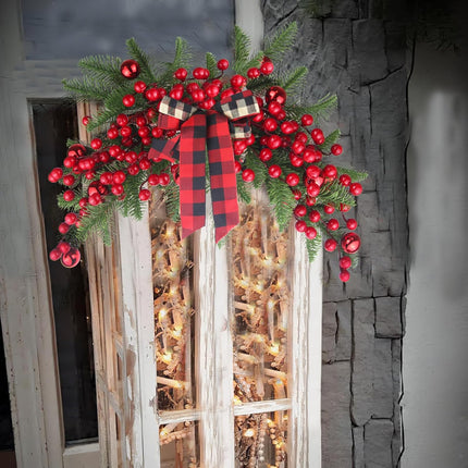 Christmas Swag Decoration Floral Swag with Berries and Ribbon Bows Christmas Balls 27.56 Inch Greenery Christmas Swag Xmas Door Swag for Front Door Festival Decor Wall Arch Window