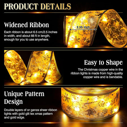 Christmas Decorations, 2.5Inch x 66Ft 200 Led Christmas Tree Ribbon Lights with 8 Lighting Modes, Battery Operated & USB Powered Fairy String Lights with Timer for Party Xmas Tree Decor