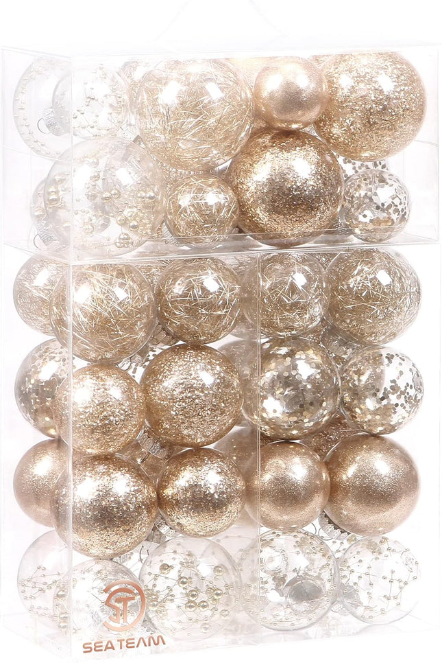 Sea Team Christmas Baubles Set of 48 Shatterproof Clear Plastic Christmas Baubles Set with Decorative Christmas Balls with Stuffed Delicate Decorations (48 Pieces, Champagne)