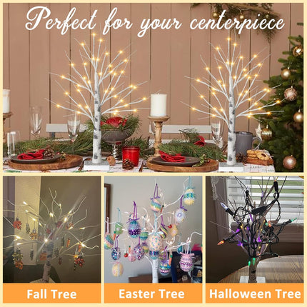 Remon 2FT Birch Tree Light with 36 LEDs Tabletop Lamp with Timer, Lifelike Artificial Hand Drawn Tree for Home Party Wedding Holiday, Jewelry Holder, Battery Operated Small Christmas Tree(2PK)