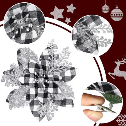 5.7 Inch Artificial Poinsettias Christmas Glitter Flowers with Clips Xmas Tree Flower Ornament Poinsettias Decor (Black and White Buffalo with Silver Petals,24 Pieces)