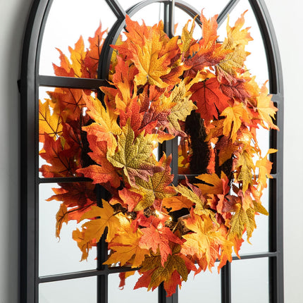 Glitzhome 24 Inch Pre-lit Fall Wreath Autumn Wreath for Front Door, Lighted Maple Leaves Wreath with Timer for Thanksgiving Halloween Christmas Wreath Wall Front Porch Home Decoration