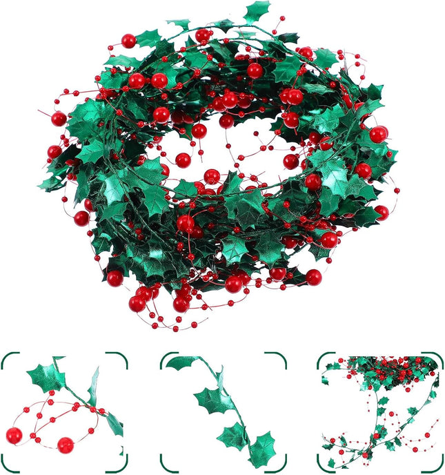 Fanwaoo 16 Feet Christmas Tree Beads Strings Pearl Berry Beads Strands Garland Artificial Green Leave Chain Plastic Beads Roll Christmas Decoration for Wedding Holiday Party Home Indoor Outdoor Green