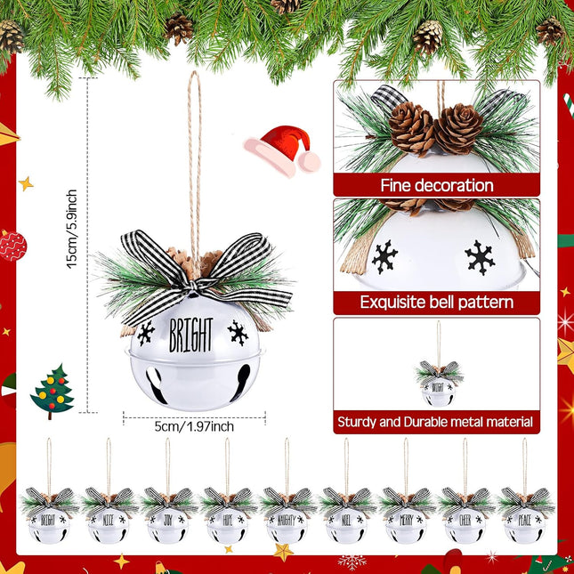 Aoriher 9 Pcs Christmas Bells Ornament 3.1" Rustic Christmas Jingle Bell Sleigh Letter Bells with Pine Cones Plaid Bow for Decoration DIY Holiday Door Window Tree Wreath Garland Party Supplies(White)