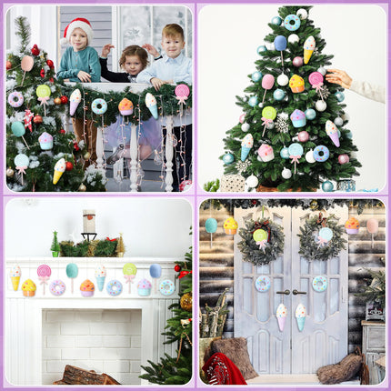20 Pcs Christmas Felt Wool Dessert Ornaments Set Christmas Tree Felt Hanging Ornament Lollipop Cotton Candy Cake Ice Cream Donut Ornament Holiday Felt Donut Ornaments (Macaron)
