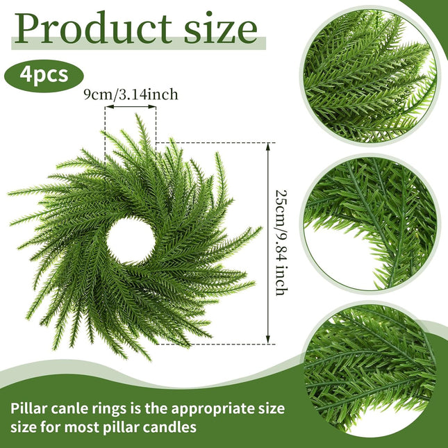 4 Pcs Christmas Norfolk Pine Wreath Candle Rings Green Artificial Norfolk Pine Rings Xmas Garland Candle Ring Holder Ornament for Xmas Holiday Wedding Table Centerpiece Table Pillar