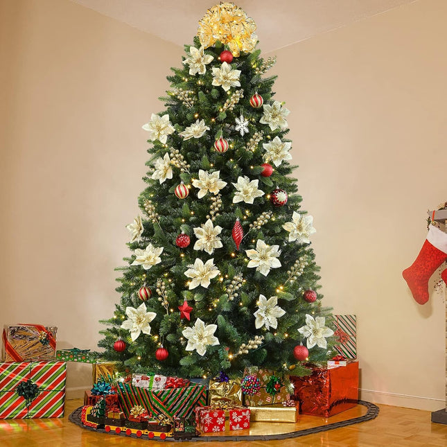24 Pcs Christmas Tree Decorations Picks, Boxed 12Pcs Poinsettias Artificial Christmas Flowers with Clips and Stems+12pcs Holly Berry Stems for Xmas Tree Decor or Party Wreath Fireplace Stairs, Gold