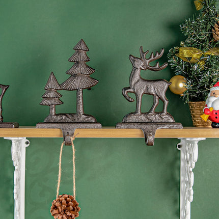 Sungmor Christmas Stocking Holders, 2PC Cast Iron Mantel Hooks Home Decor Holiday s, Heavy-Duty Anti-Slip Fireplace Hangers, Christmas Tree Reindeer Pattern Hooks for Xmas Shelf Topper Decoration