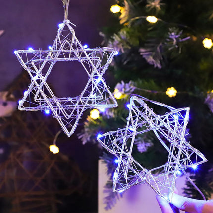 2 Pack Blue Star of David Hanukkah Ornament 5.5-Inch with 15LEDs Lights of String Mettal Design Hanging Decoration for Lighted Xmas Tree Menorah Premium Christmas Party Decor