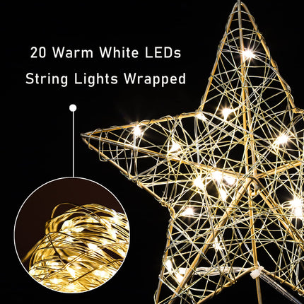 Christmas Tree Toppers, 7“ Star Treetop Warm White 20 Lights, Lighted Tree Topper Battery Powered with Timer, Retro Style Metal Xmas Treetop Star for Xmas Tree Indoor Decor