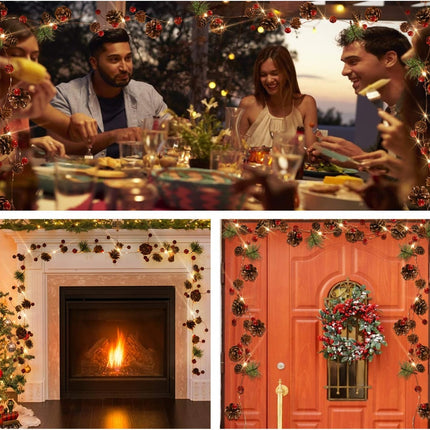 Rocinha Christmas Garland with Lights Battery Operated 7.2 Ft 20 Pinecones Red Berry Garland with Lights Prelit Garland for Mantle Fireplace Table Indoor Outdoor Lighted Garland Decor