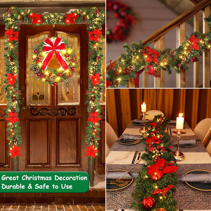 Quntis 9FT Poinsettia Christmas Garland with Lights, Garland Christmas Decorations with Pine Cones, Berry Clusters, 8 Mode Timer Artificial Xmas Garland for Mantle Door Fireplace Window Stairs Holiday