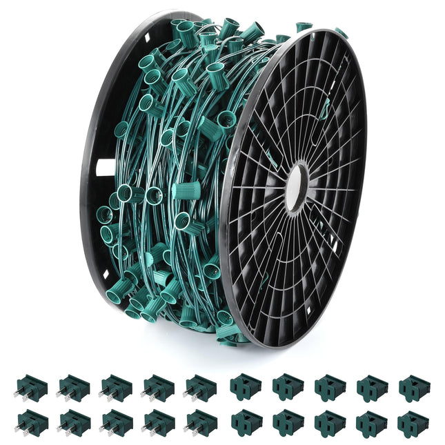 Ultimate Unicorn 500 FT C9 Light Socket Set Spool, Christmas Stringer Bulk Reel 12" Spacing, C9 Light Strand Green Wire, Christmas Stringer with E17 Sockets (10 Pairs of Plugs Included)