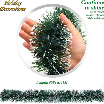 50FT Christmas Tinsel Garland Decorations to Christmas Tree, Thick and Thin Metallic Streamers Foil Tinsel Twist Garland Decor Home Indoor Outdoor Party Supplies (Green)