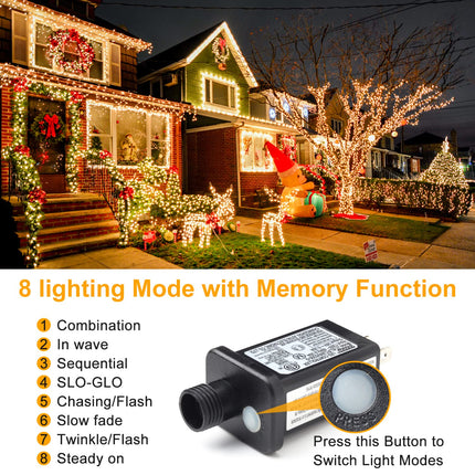 Haili 105FT 300 LED Christmas Lights Outdoor, Plug in 8 Mode String Lights for Christmas Tree, Party, Patio, House Christmas Decoration (Warm White)