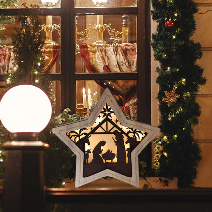 2 in 1 Nativity Scene Sets Christmas Tree Star Topper Lighted - 3D Wooden Star Shaped Festive Ornament with LED Light for Christmas Tree Table Tiered Fireplace Mantel Indoor Outdoor Christmas Decor
