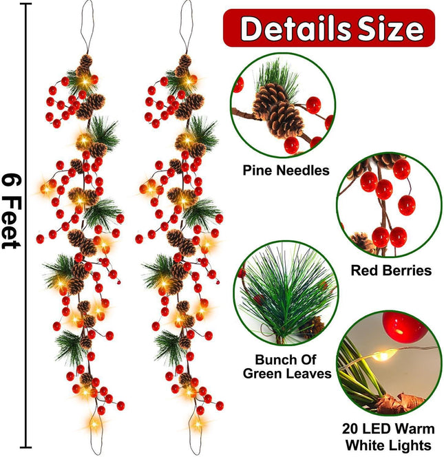 2 Pack Pine Cone Christmas String Lights Christmas Garland, Total 12Ft 40LED Battery Operated Christmas Garland with Lights Timer Red Berry Pinecones Fairy String Lights Xmas Decoration Indoor Outdoor