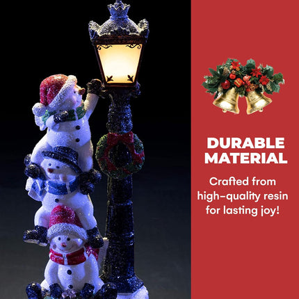VP Home Christmas Snowman Decor Christmas Figurines Resin Snowman Lighted Decorations Indoor Glowing Lamppost Trio Wreath LED Holiday Light Up Snowman Indoor Festive Fiber Optic Decorations
