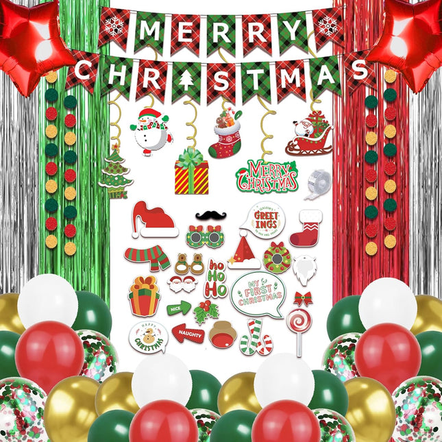 131 Pcs​ Christmas Decorations Indoor, Christmas Party Supplies - "MERRY CHRISTMAS" Banner, Photo Prop, Balloon Party Kit, Hanging Swirl, Fringe Curtain