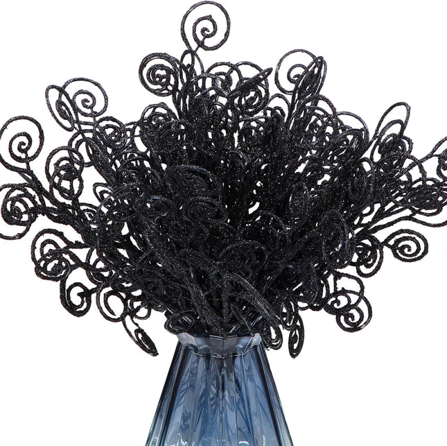 Ysleen 50 Pcs Glitter Christmas Tree Picks and Sprays Twigs Artificial Curly Stem Picks Ornaments 12 Inch Branches Sticks for Xmas Wreath Vase Fillers Decoration(Black)