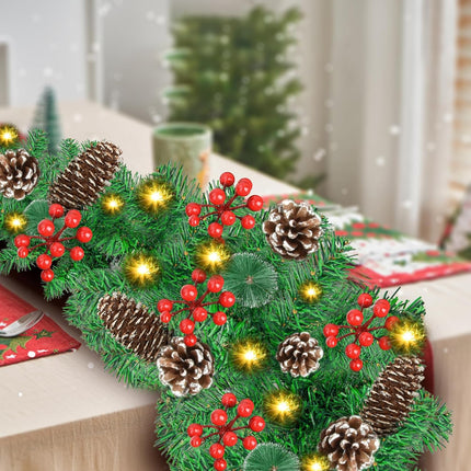 Christmas Garland Decorations with Lights: 9 FT Lighted Battery Operated Garland with Pine Cones Red Berries, Christmas Decor Indoor Outdoor for Mantle Stairs Door Fireplace Staircase Window Railing