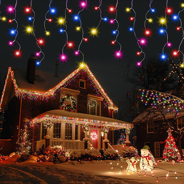 678LED Christmas Lights Outdoor, 66FT 8 Modes Icicle Lights for Outside 145 Drops Waterproof Icicle String Lights Plug in Connectable Hanging Lights for Outdoor Roof Indoor House Decor, Multicolor