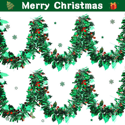 Christmas Tinsel Garland Decorations Green Metallic Garland with Red Berries Leaves Christmas Tree Tinsel Garland Green Metallic Garland for Christmas Tree Ceiling Hanging Decoration(6 Pcs,39 Feet)