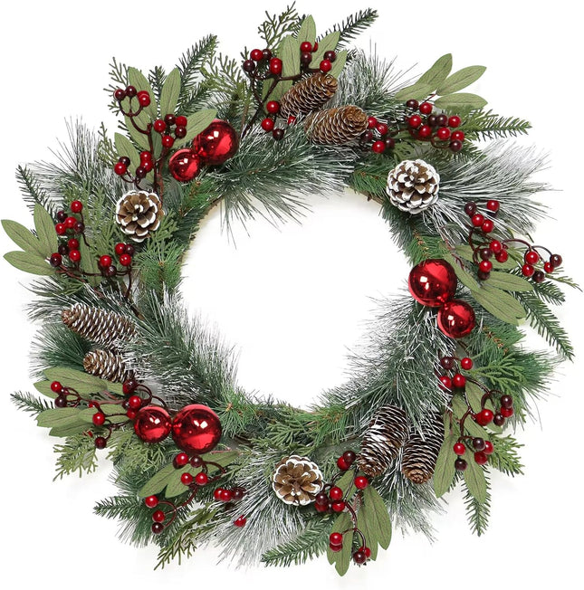 TOCHGREEN 24 Inch Artificial Christmas Wreath for front door Decorated with Pine Cones,Ball Ornaments,Frosted Branches,Evergreen Leaf,Christmas Home Decor,Xmas Christmas Decorations Indoor Outdoor