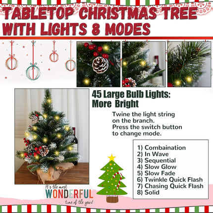 Small Christmas Tree with Lights 2 ft Tabletop Christmas Tree with 45 Warm White Lights (8 Modes), 6 Pinecones & Berries Set, 53 Tips (Thin Silver Glitter) Fluffy and Realistic Add Holiday Touch