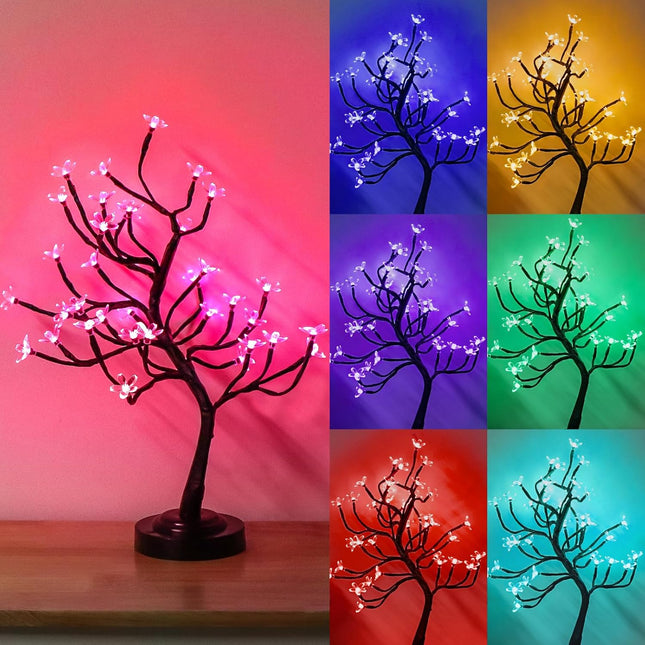 36 LED RGB Cherry Blossom Tree Light 16 Color-Changing LED Artificial Flower Bonsai Tree with Remote, Pink Table Top Lamp Home Lit Tree for Halloween Party Christmas Table Top Decor, Brown Branch