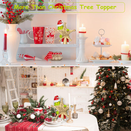 10 inch Christmas Tree Topper, Cute and Funny Christmas Thief Hiding Behind Gold Star Sculpted Tree Topper, Hand-Painted Unique Red Green Xmas Monster Decorations for Table Shelves Home Indoor