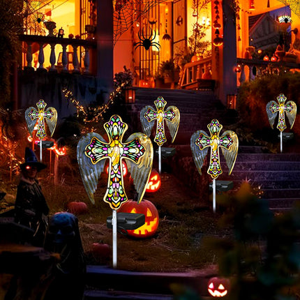 YJFWAL Solar Glass Cross Garden Stake Light, Cemetery Decorations for Grave Outdoor Lights, Jesus Cross Angel Wings Sympathy Memorial s, for Halloween Christmas Garden Lawn Yard Patio Decor