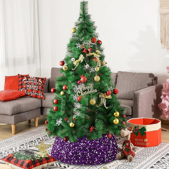 FOTSHARER Christmas Tree Collar Purple 23.6 Inch Sequin Tree Skirt Halloween for Shimmer Glitter Tree Collar Small Xmas Tree Ring Velvet Tree Collar for Pencil Tree Christmas Tree Base Cover Decor