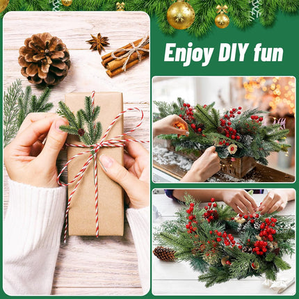 200 Pcs Christmas Artificial Pine Needles Branches Garland Red Berries Stems Greenery Pine Picks with Pinecone Artificial Pine Picks with Red Berries and Natural Pinecones for DIY Wreath