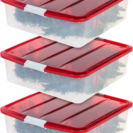 IRIS USA 33 Quart Christmas Wreath Storage Container Box with Lid, 3-Pack, Stackable Under Bed Storage Organizer Bin with Latching Buckles for 20" Wreaths Christmas Decorations Garlands, Clear/Red